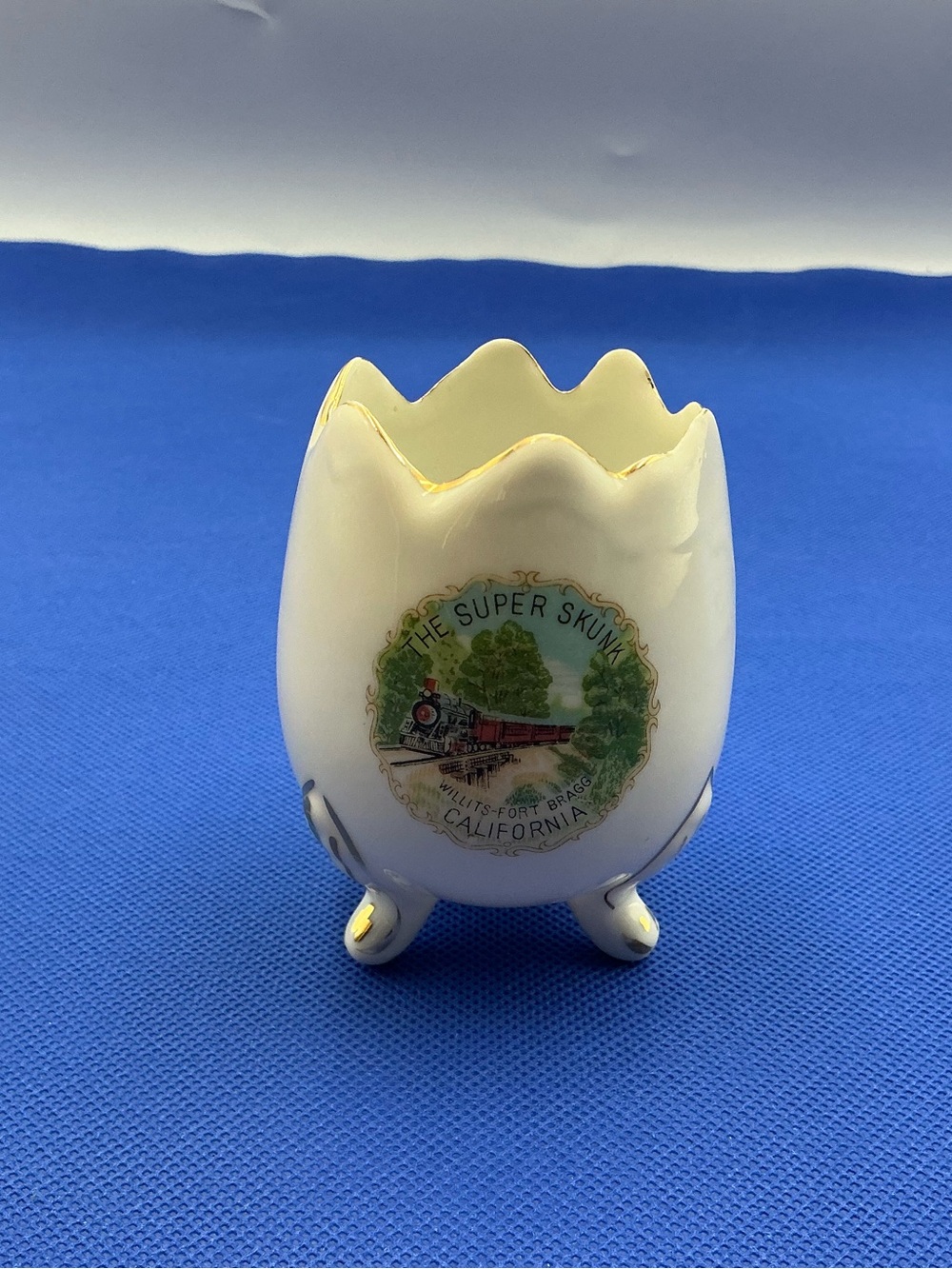 Vintage Egg-Shaped Porcelain Toothpick Holder with Train Decal - White & Gold